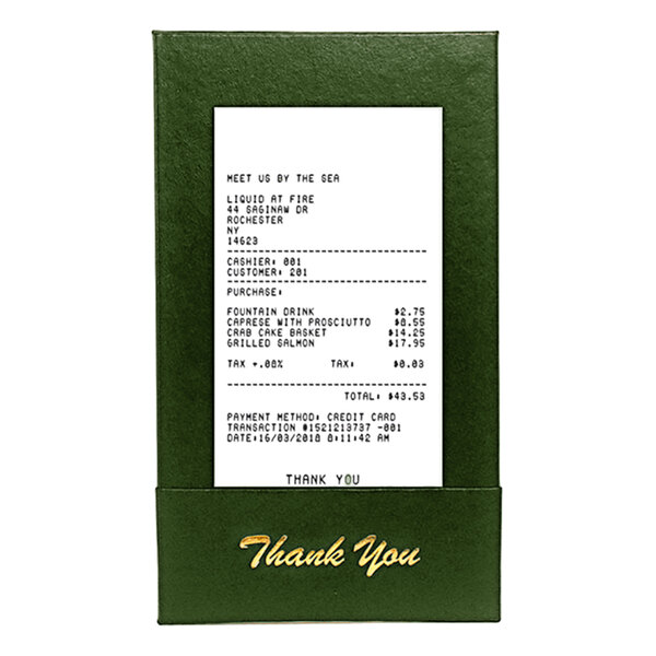 A receipt in a green box with a green cover.