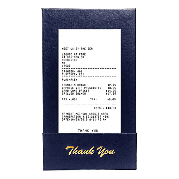 A receipt in a customizable blue H. Risch check presenter.