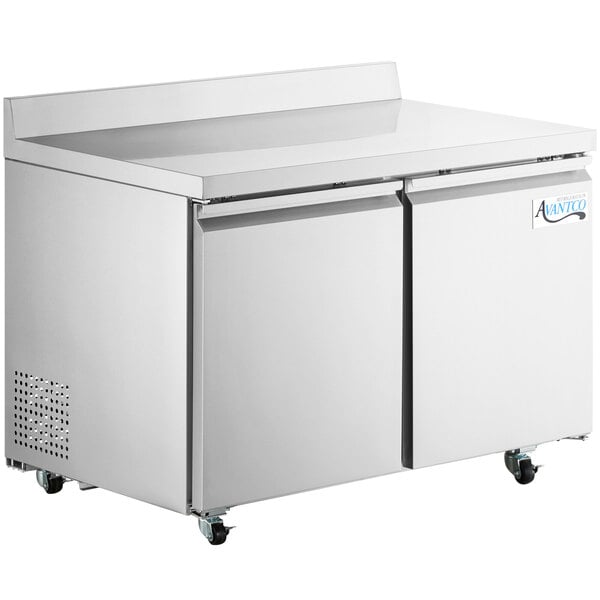 An Avantco stainless steel worktop freezer with two doors.
