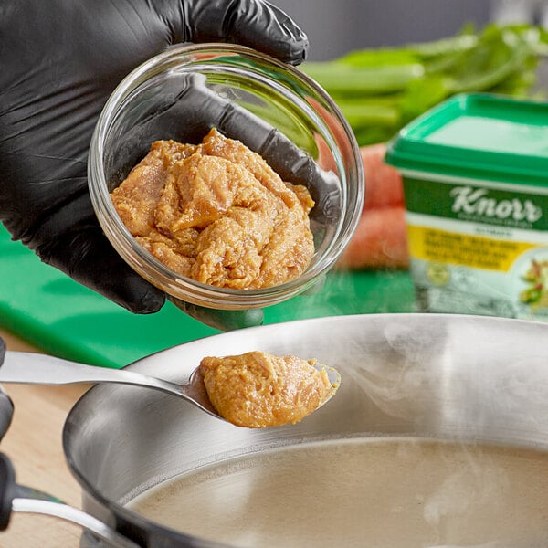 A person in black gloves holding a spoonful of Knorr Low Sodium Chicken Bouillon over a bowl of food.