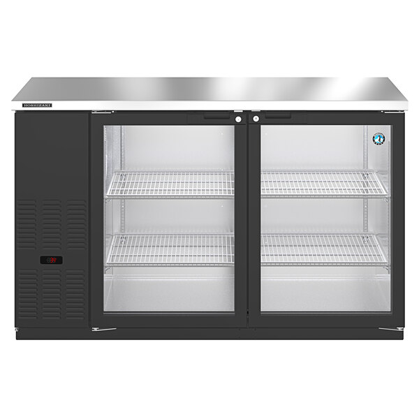 A black Hoshizaki back bar refrigerator with two glass doors.