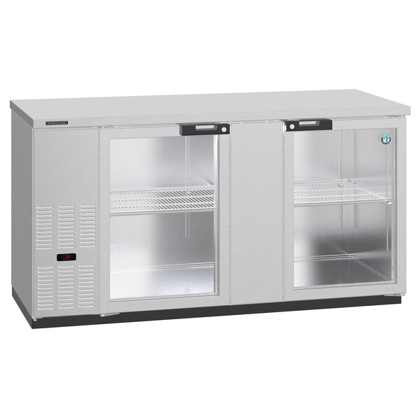 A Hoshizaki stainless steel back bar refrigerator with glass doors.