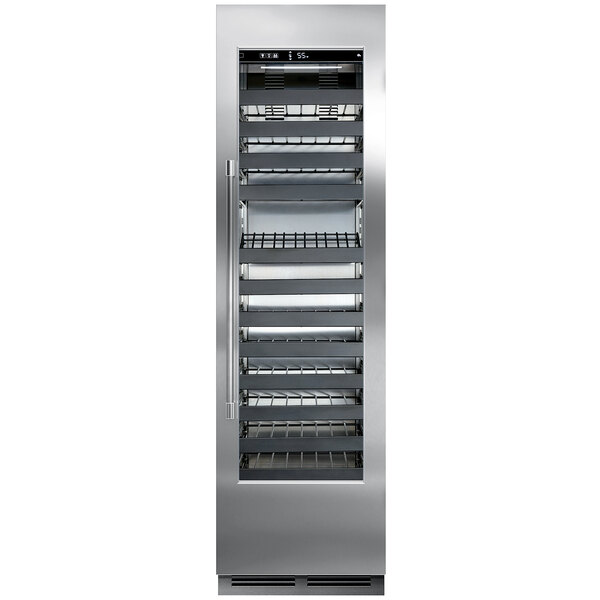 A Perlick stainless steel wine refrigerator with a full glass door open.