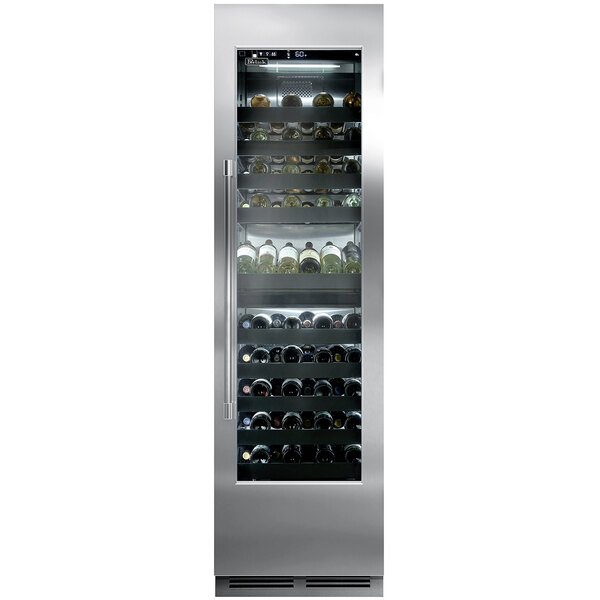A Perlick stainless steel wine refrigerator with glass doors full of wine bottles.