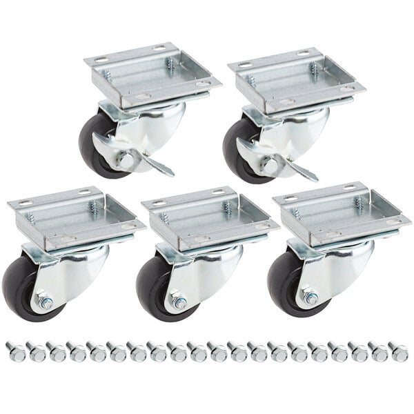 A metal plate with four black swivel casters attached using screws.