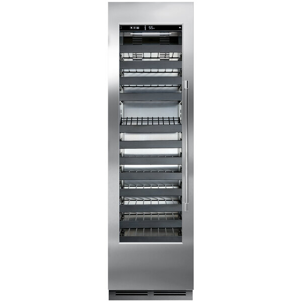A Perlick stainless steel wine refrigerator with a full glass door.