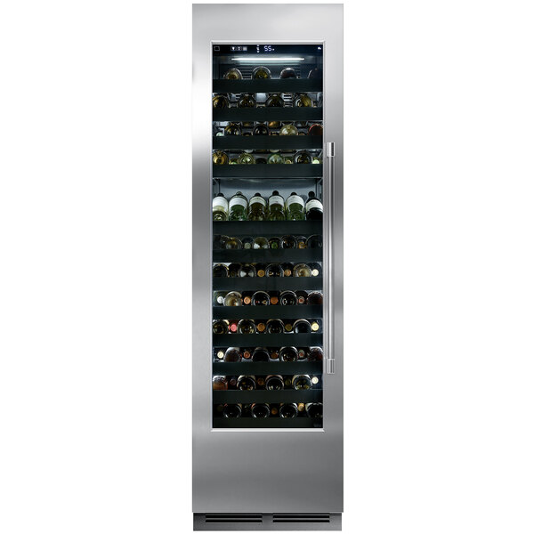 A Perlick stainless steel wine refrigerator full of wine bottles.