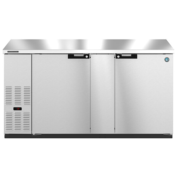 A stainless steel Hoshizaki back bar refrigerator with two doors.