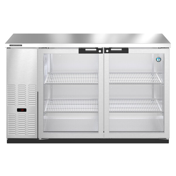 A Hoshizaki stainless steel back bar refrigerator with two glass doors.