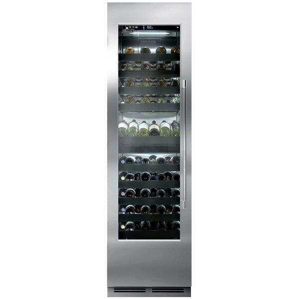 A Perlick stainless steel wine refrigerator with a full glass door filled with wine bottles.