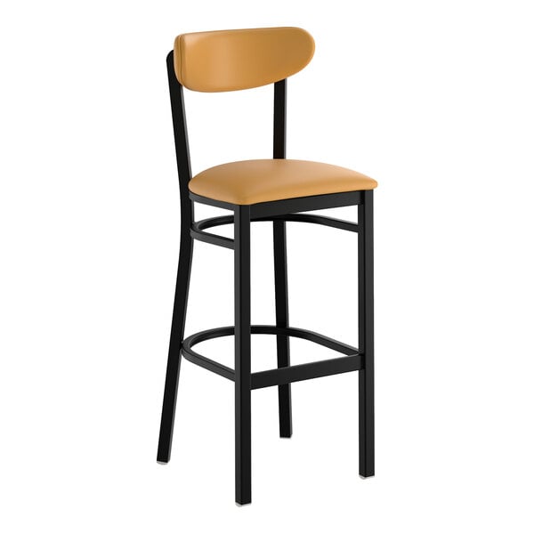 A black metal bar stool with a light brown vinyl seat and backrest.