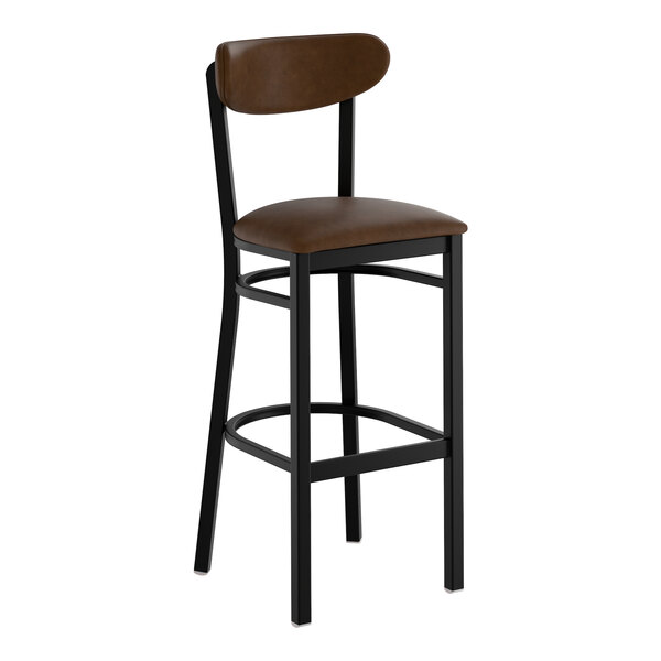 A black metal bar stool with a dark brown vinyl seat and backrest.