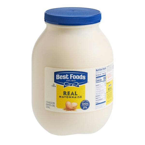 A 1-gallon jar of Best Foods Real Mayonnaise with a blue lid.