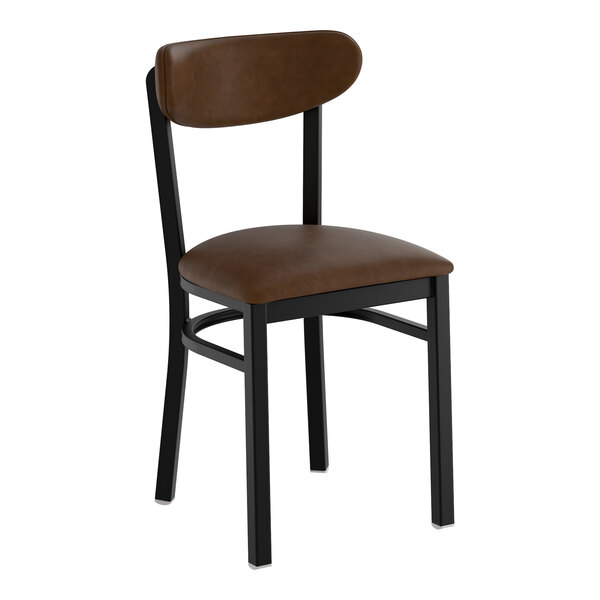 A black metal chair with a dark brown vinyl seat and backrest.