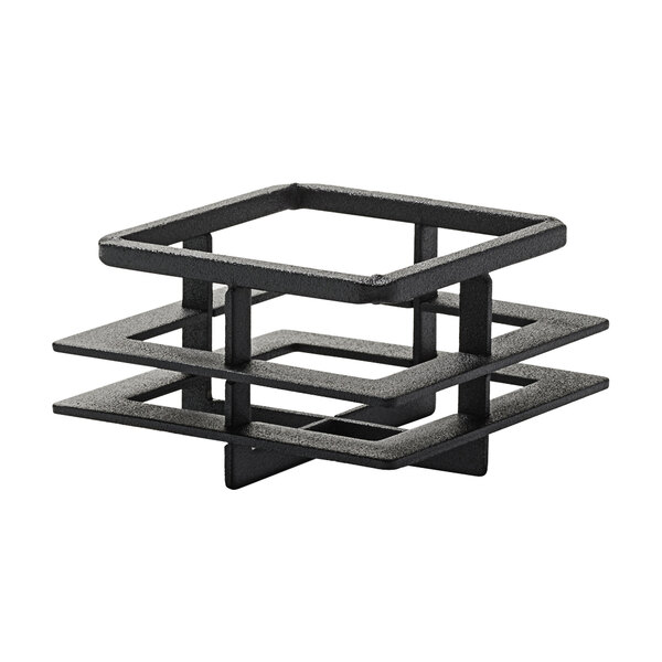 A black metal Craftsman square candle holder with four shelves inside.