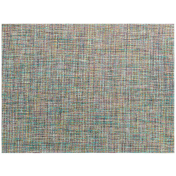 A close up of a taffy twill woven vinyl rectangle placemat with a multicolored pattern.