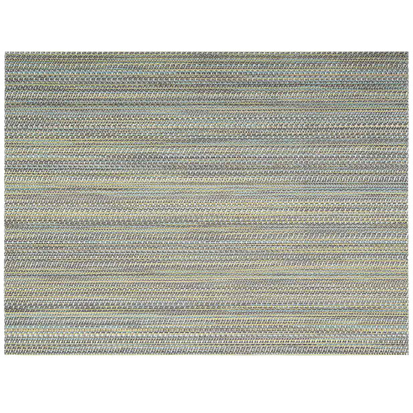 A white rectangular woven vinyl placemat with blue and yellow lines forming a peacock feather pattern.
