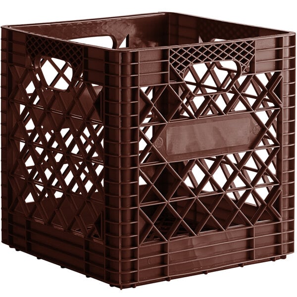 a brown plastic crate with holes