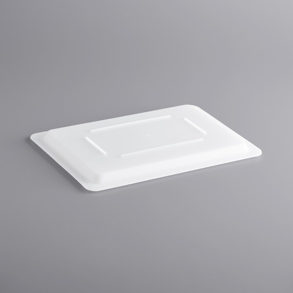 A white plastic lid for a rectangular food storage box.