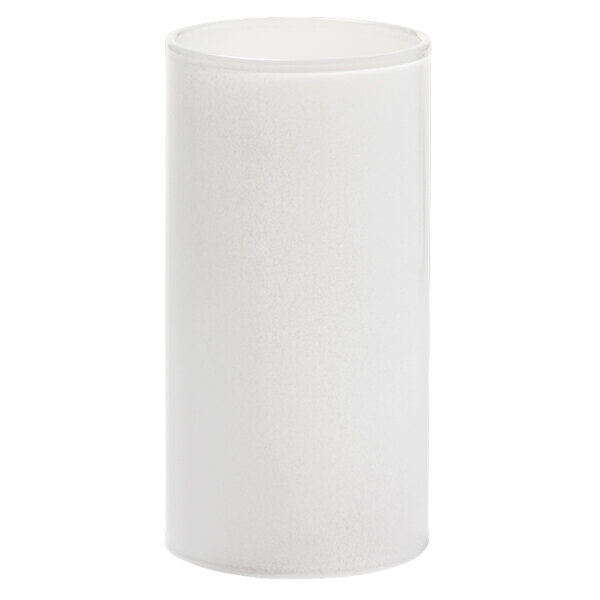 A white cylinder candle in a Hollowick satin crystal glass globe on a white background.
