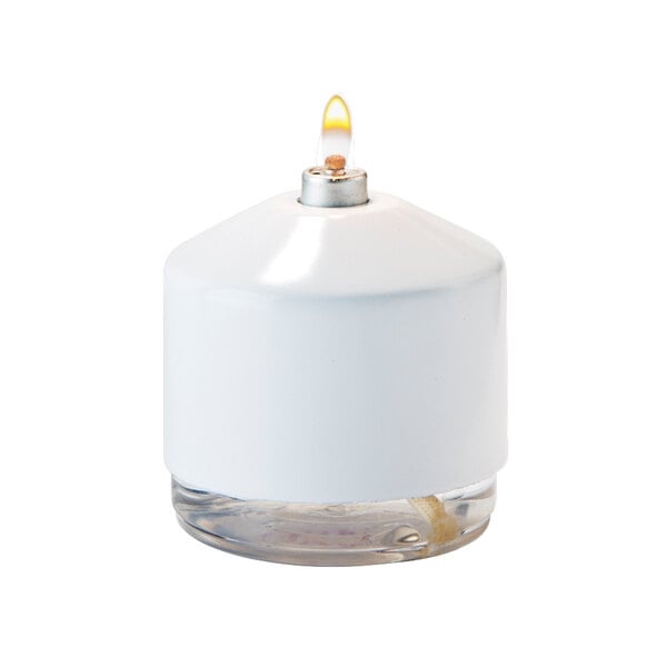 A white cylindrical candle cover with a yellow flame inside.
