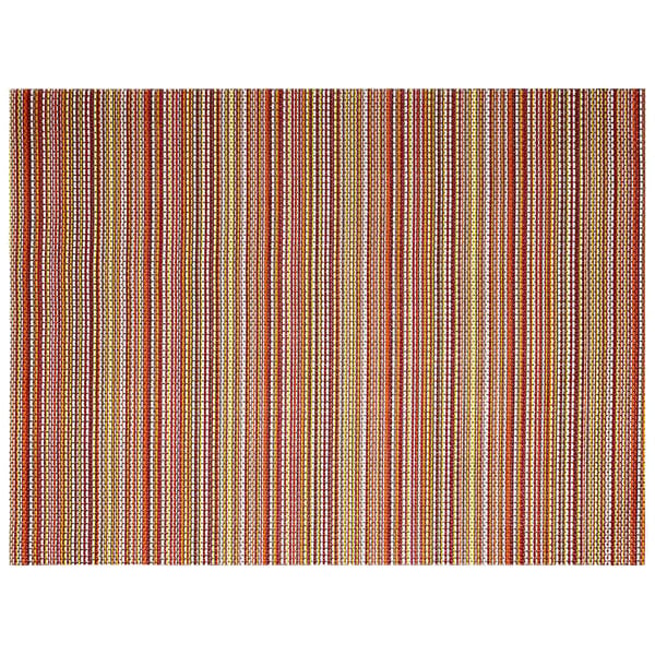 A red, orange, and yellow striped mesh woven vinyl placemat on a white background.