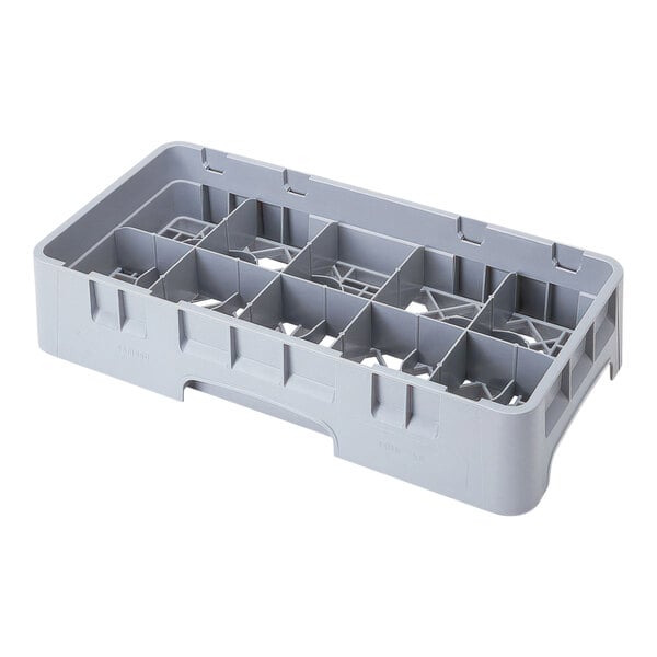 A soft gray Cambro plastic rack with 10 cup compartments.