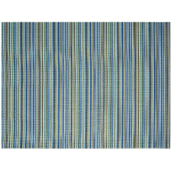 A white rectangle placemat with blue and yellow stripes.