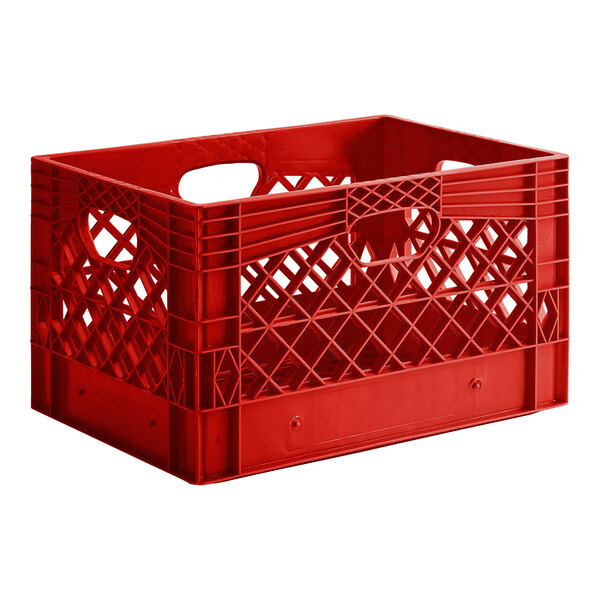 A red rectangular plastic milk crate with handles.