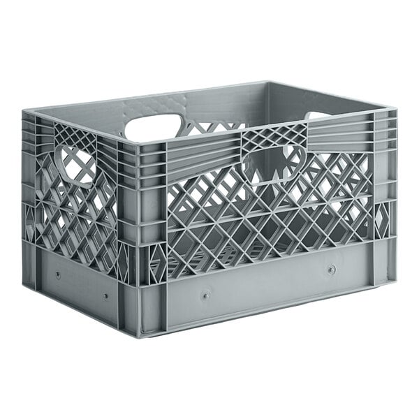 A grey plastic rectangular milk crate with handles.
