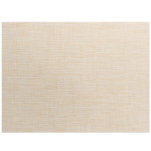 A close-up of a natural tweed woven vinyl rectangle placemat with black lines in a white background.
