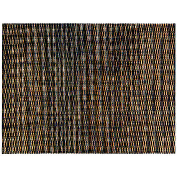 A close-up of a copper mesh woven vinyl rectangle placemat with black and brown lines.