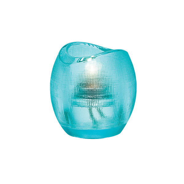 A close-up of a Hollowick Pixel Aqua glass tealight holder with a lit candle inside.