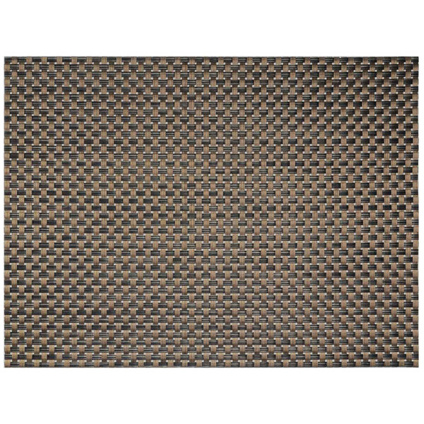 A close up of a Front of the House Copper Large Basketweave Woven Vinyl Placemat with black and brown woven lines in a rectangle pattern.