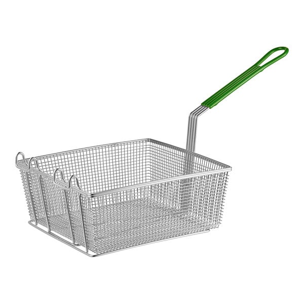 A Frymaster full size fryer basket with a green handle.