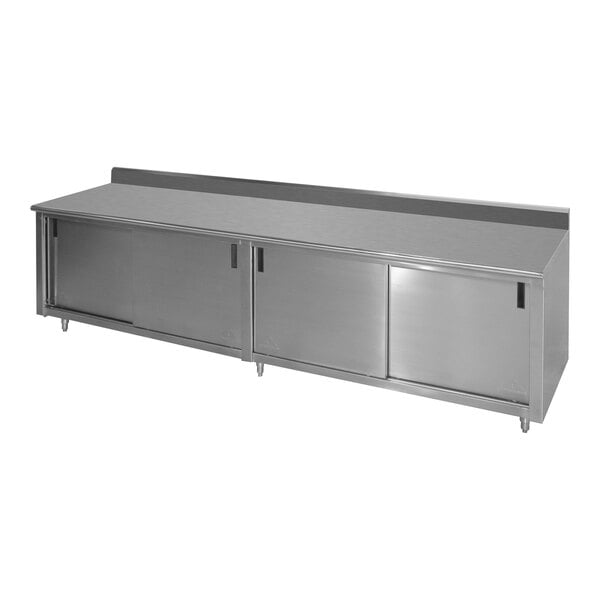 Advance Tabco CK-SS-2410M 24" x 120" 14 Gauge Work Table with Cabinet Base and Mid Shelf - 5" Backsplash