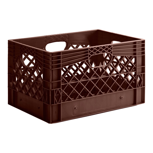 A brown plastic rectangular milk crate with lattice design.