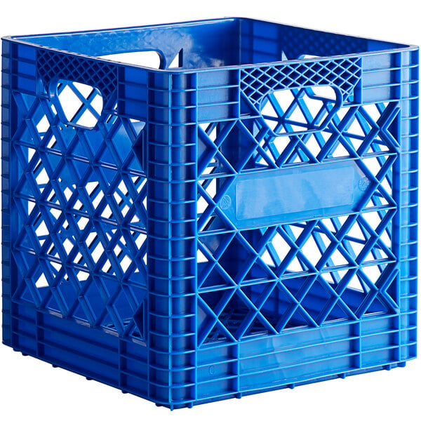 A blue rectangular plastic crate with handles.