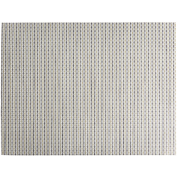 A silver basketweave woven vinyl rectangle placemat with black lines.