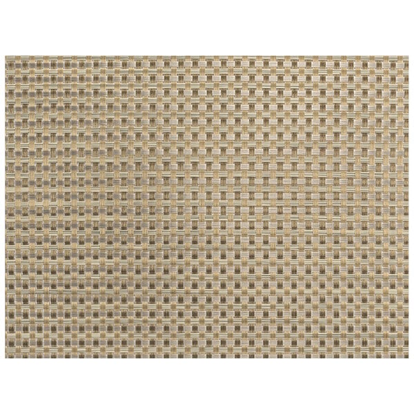 A tan rectangular woven vinyl placemat with a basketweave pattern.