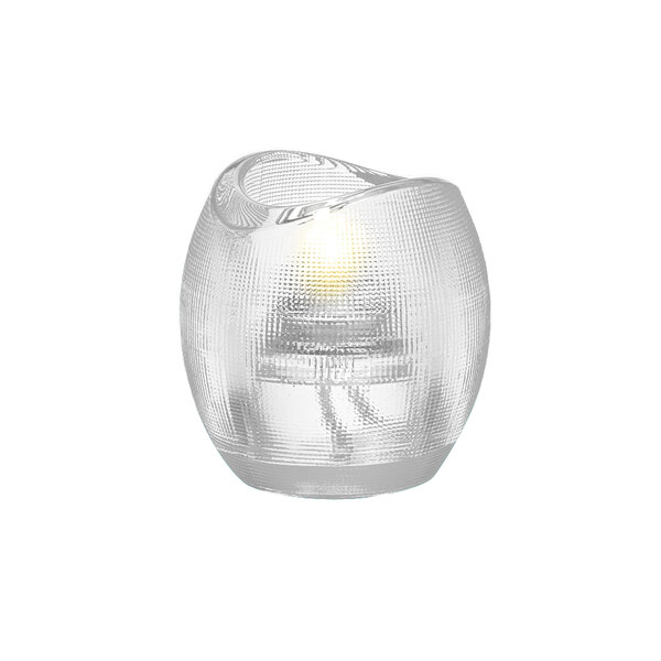 A Hollowick Pixel clear glass tealight holder with a lit candle inside.