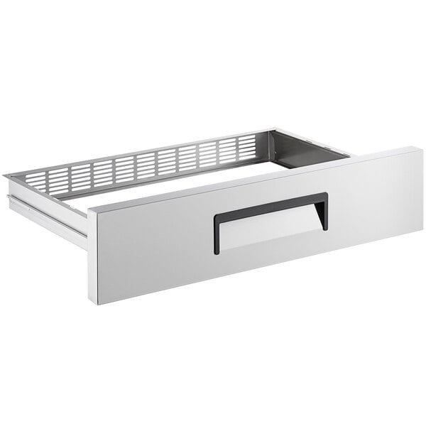 An Avantco stainless steel drawer assembly with a black handle.