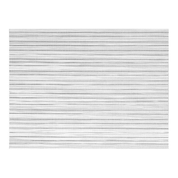 A rectangular placemat with a woven pattern of thin, horizontal black and white stripes.