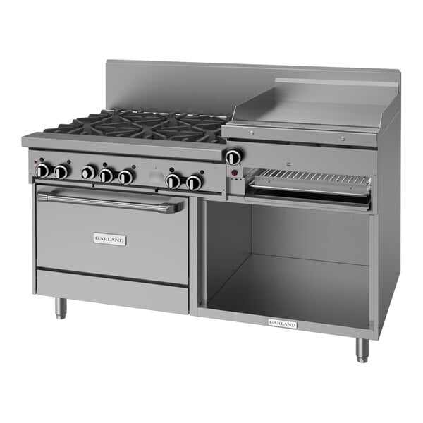 A commercial stainless steel 60-inch range with six burners, a raised griddle/broiler, a standard oven, and a storage base.