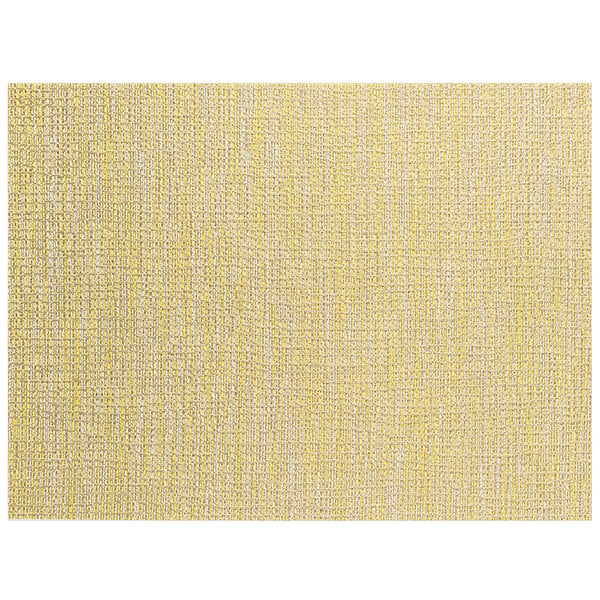 A close-up of a yellow and white woven vinyl rectangle placemat.