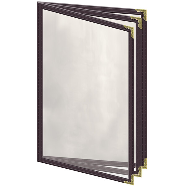 A brown H. Risch, Inc. menu cover with gold corners and a window.