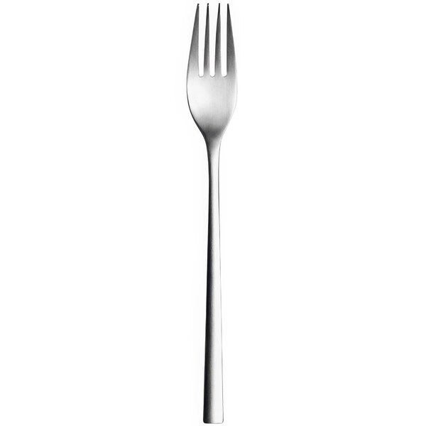 A close up of a Sola stainless steel dessert fork with a silver handle.