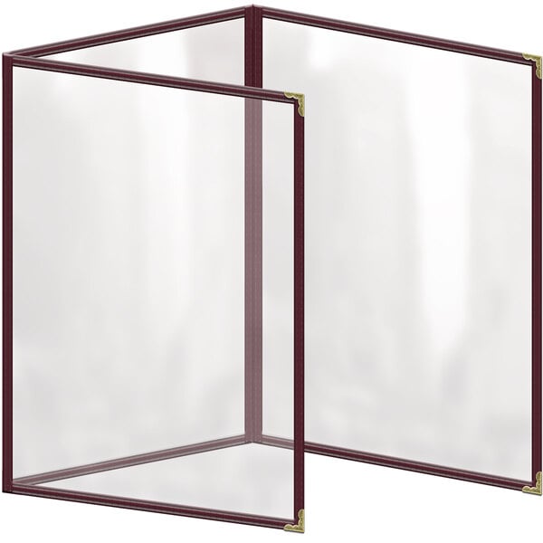 A maroon vinyl menu cover with gold corners and a gloss finish.