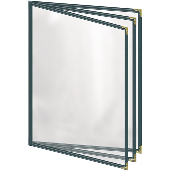 A white rectangular menu cover with gold decorative corners and black lines on the spine containing six clear pages.