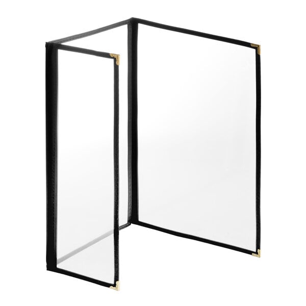 A black H. Risch, Inc. menu cover with gold decorative corners holding a white menu sheet.